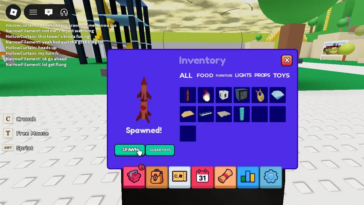 The in-game inventory panel showing toy thumbnails in a grid, a spawn preview and Spawn and Clear Toys buttons
