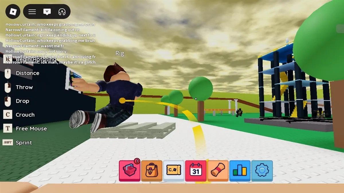 A ragdolled Roblox character mid-flight above a road, the grab beam still trailing behind them