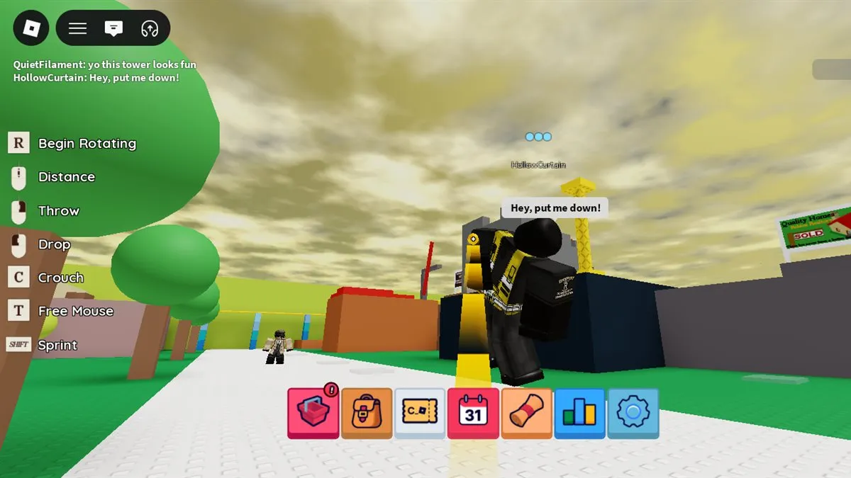 A player held in mid-air by a grab beam, protesting in a speech bubble