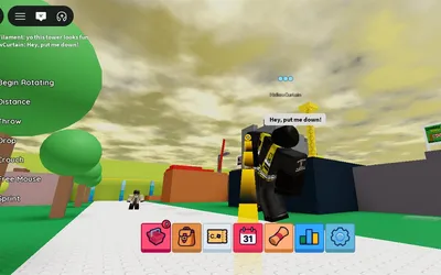 A Roblox player held in mid-air by a yellow grab beam, saying 'Hey, put me down!', with the game's control legend down the left and a toolbar of panel buttons along the bottom